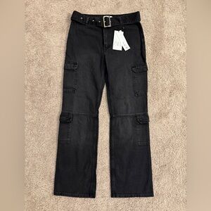 Zara Jeans Women size 6 Black Straight Leg Cargo Long Denim Pants